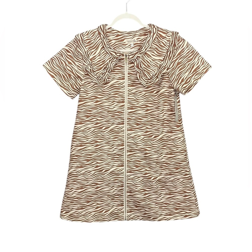 Ghospell Oversized Collar Zebra Print Mini Dress Light Brown NWT